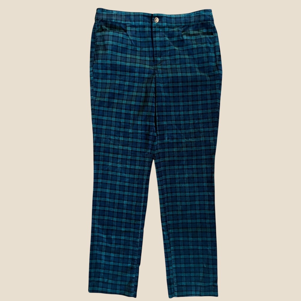 Talbots Plaid Velveteen Straight Leg Pants Womens 10 Green Navy Tartan Holiday